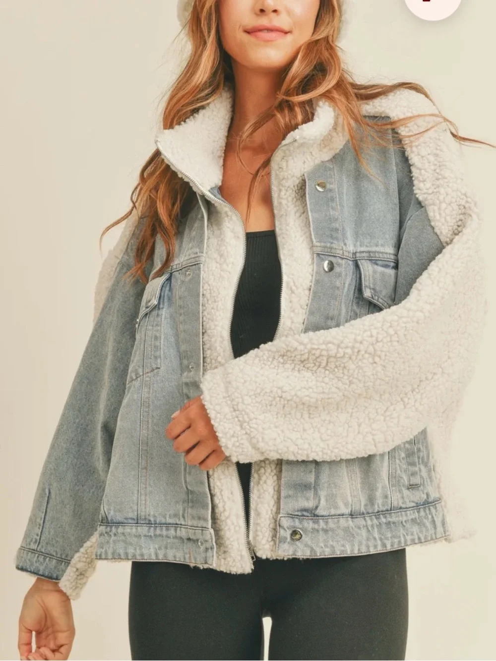 NWOT Mable Women’s Sherpa-Lined Light Blue Denim Teddy Jacket with Cream Trim